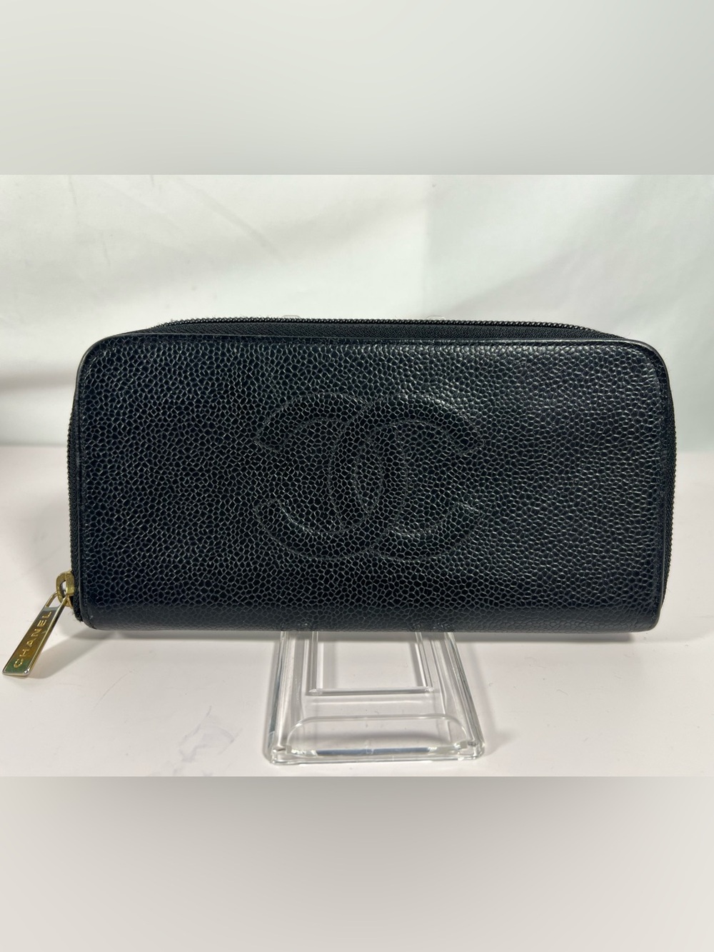 1188: Chanel Vintage Caviar CC Zip Around Travel Wallet Organizer